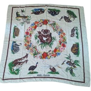 Vtg. 60s Wildlife of Australia Large Linen Square 48' with Animal Print
